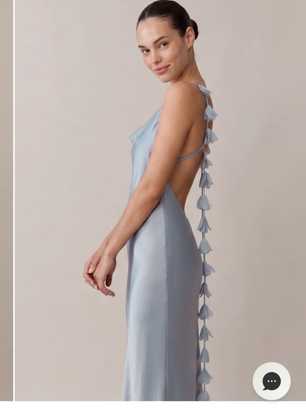 Few Moda OPT Ingrid Maxi Dress with Cowl Neck and back petal detail. Light blue
